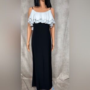 Tadashi Shoji Black and White Ruffled Slit Gown